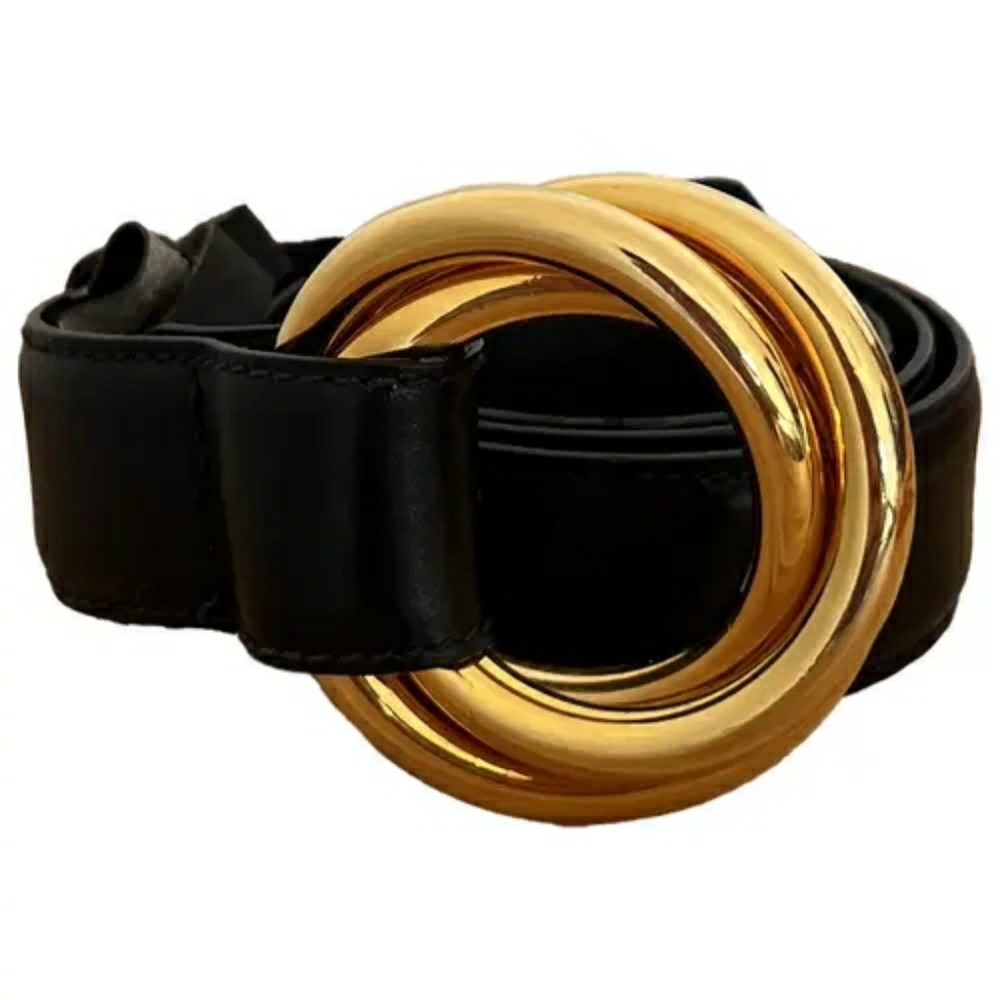 Vintage Black Stretch Belt With Large Heavy Gold Buckle Statement Glam Old Money